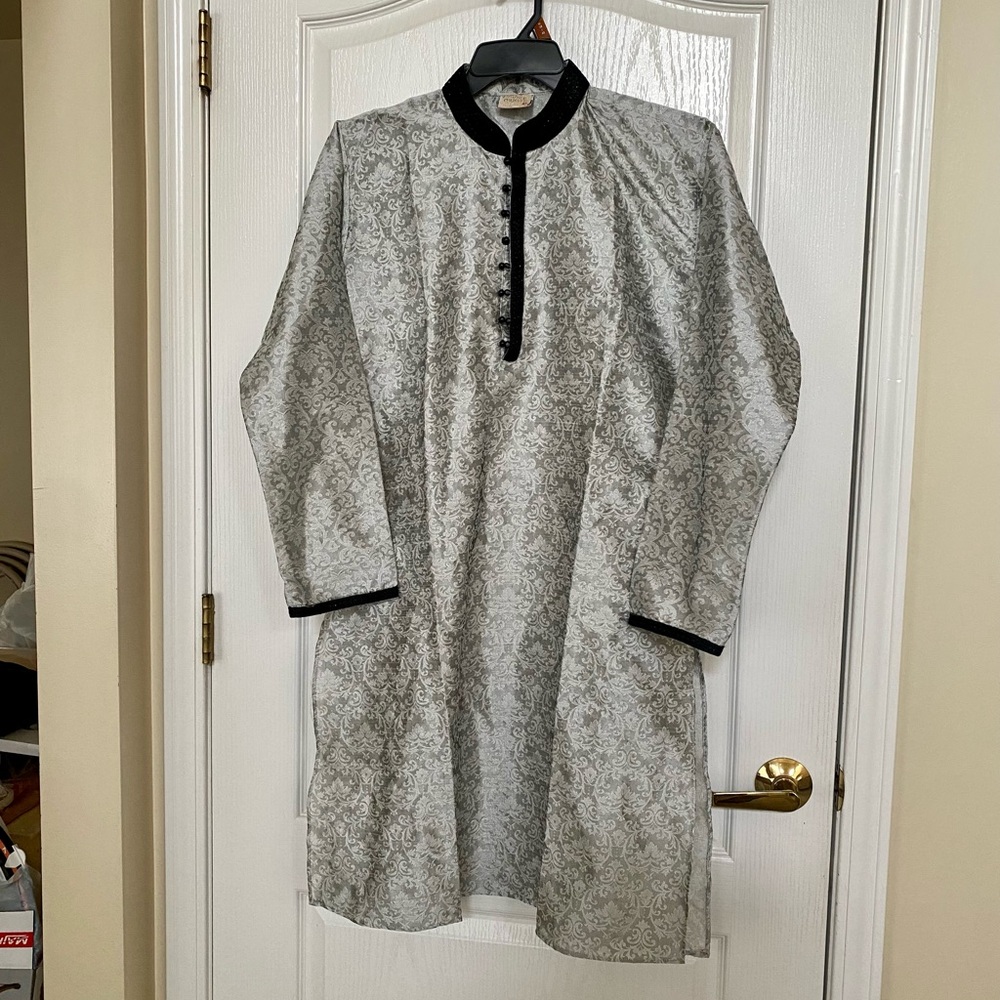 Prince Silver-Gray Patterned Kurta with Black Trim
